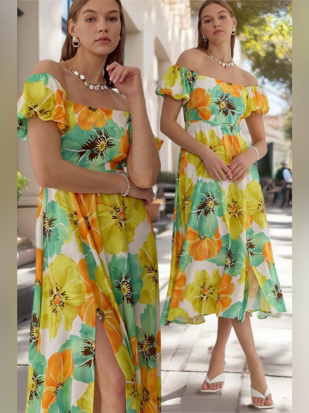 Entro | The Poppy Midi Dress Summer Bold Floral Off Shoulder Style New Small
